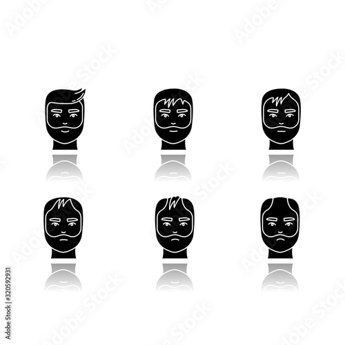 Hair loss drop shadow black glyph icons set. Baldness process stages. Male alopecia conditions. Hairloss, hair thinning. Aging and stress. Isolated vector illustrations on white space