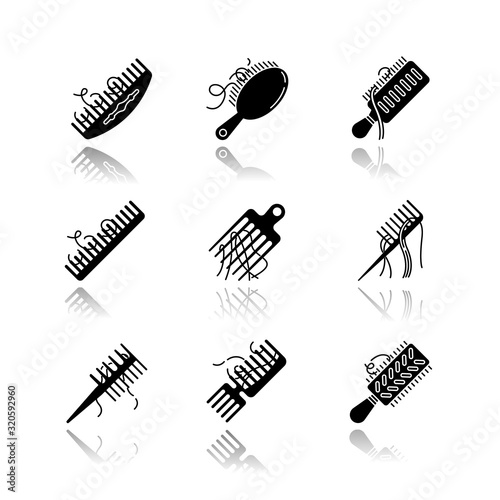 Hair loss drop shadow black glyph icons set. Comb with hair. Alopecia, stress symptom. Hairbrush with strands. Dermatology, cosmetology. Haircare problem. Isolated vector illustrations on white space