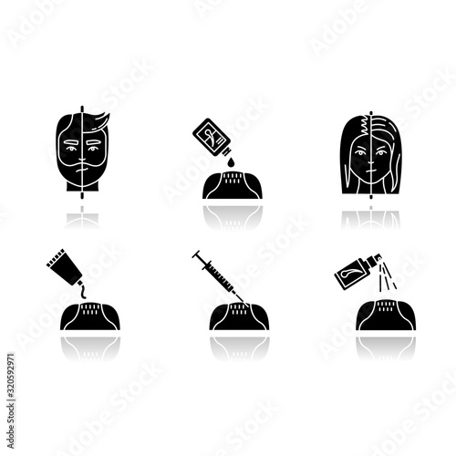 Hair loss drop shadow black glyph icons set. Male alopecia. Female balding. Haircare, dermatology treatment. Products for hairloss. Injection for regrowth. Isolated vector illustrations on white space