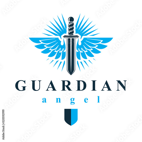 Vector graphic illustration of sword composed with bird wings, war and freedom metaphor symbol. Guardian angel vector abstract emblem.