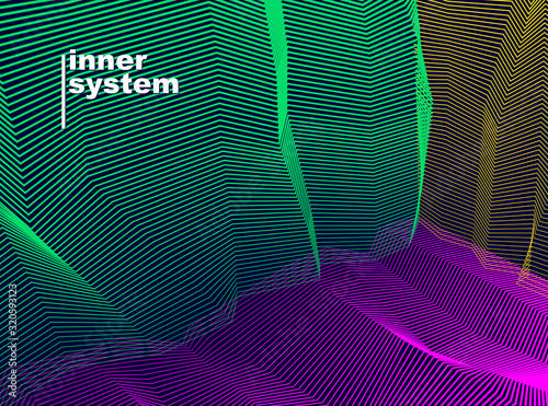 Vector abstract artistic background for design, linear 3d moire texture, inner space of a room. Fantastic psychedelic trendy modern op art, optical dimensional illusion.