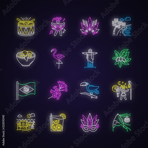 Brazilian carnival neon light icons set. Street party. South America traditions. Local culture. Sand castle on the coast. Signs with outer glowing effect. Vector isolated RGB color illustrations