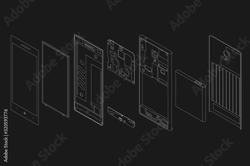 the disassembled phone against the background of