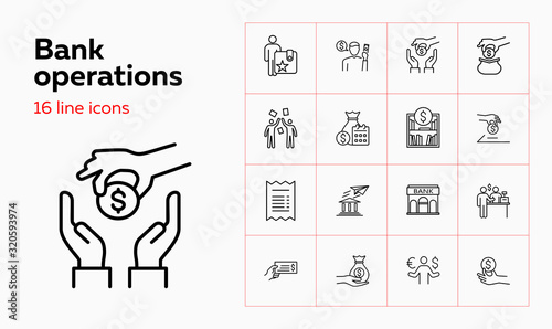 Bank operations icons. Set of line icons. Money exchange, savings, investment. Accounting concept. Vector illustration can be used for topics like payment, money, finance