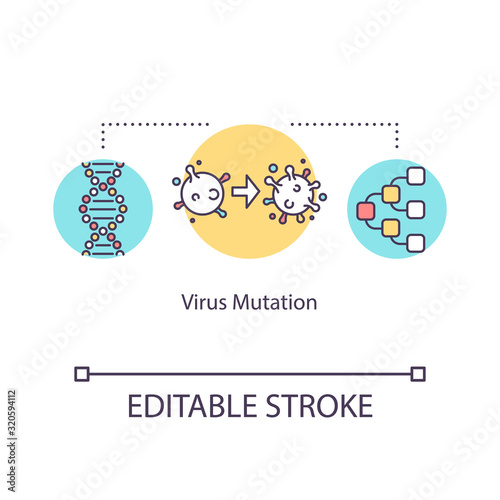 Virus mutation concept icon. Microscopic organism. Oncology treatment. Biotechnology. Influenza infection idea thin line illustration. Vector isolated outline RGB color drawing. Editable stroke