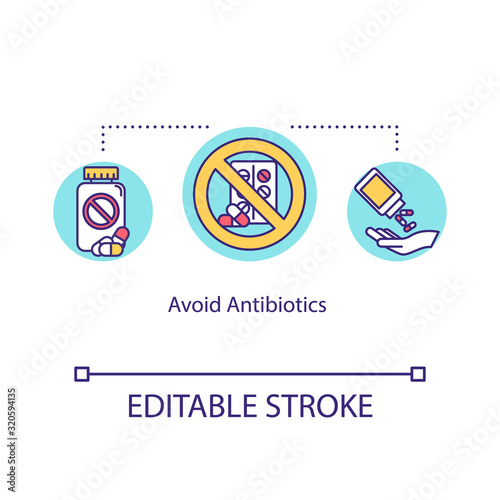 Avoid antibiotics concept icon. Not effective influenza treatment. Antibacterial remedy. Pharmacology idea thin line illustration. Vector isolated outline RGB color drawing. Editable stroke