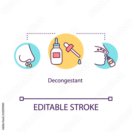 Decongestant concept icon. Nasal spray. Cold medication. Influenza treatment. Runny and stuffy nose idea thin line illustration. Vector isolated outline RGB color drawing. Editable stroke
