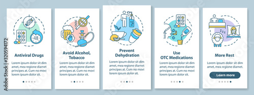 Flu treatment onboarding mobile app page screen with concepts. Hydrate, medication. Influenza cure walkthrough 5 steps graphic instructions. UI vector template with RGB color illustrations