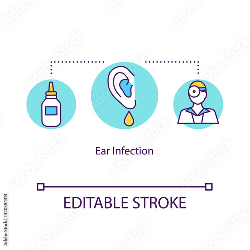 Ear infection concept icon. Examining patient. Sickness treatment. Otolaryngology check. Otitis treatment idea thin line illustration. Vector isolated outline RGB color drawing. Editable stroke