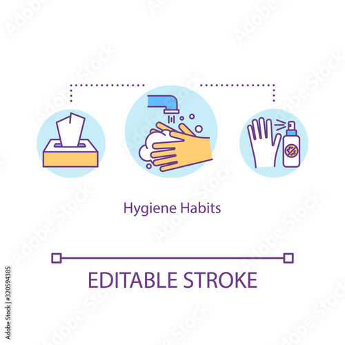 Hygiene habits concept icon. Washing hand. Using antibacterial product. Sanitation process. Cleaning idea thin line illustration. Vector isolated outline RGB color drawing. Editable stroke