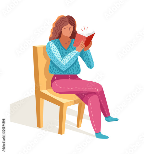 Young woman reading a book vector trendy flat illustration isolated on white, knowledge learning education, self-education, fiction literature.