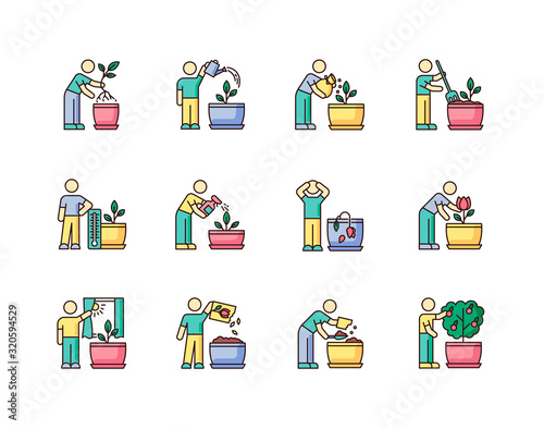 Houseplant care RGB color icons set. Indoor gardening steps. Domestic plant cultivation. Repotting, fertilizing. Planting flower seeds. Watering, spraying. Isolated vector illustrations