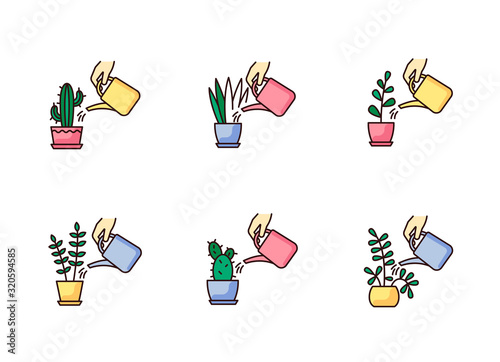 Houseplant care RGB color icons set. Indoor gardening process. Domestic plant cultivation. Watering domestic plants. Moisturizing, rehydrating soil. Moistening ground. Isolated vector illustrations