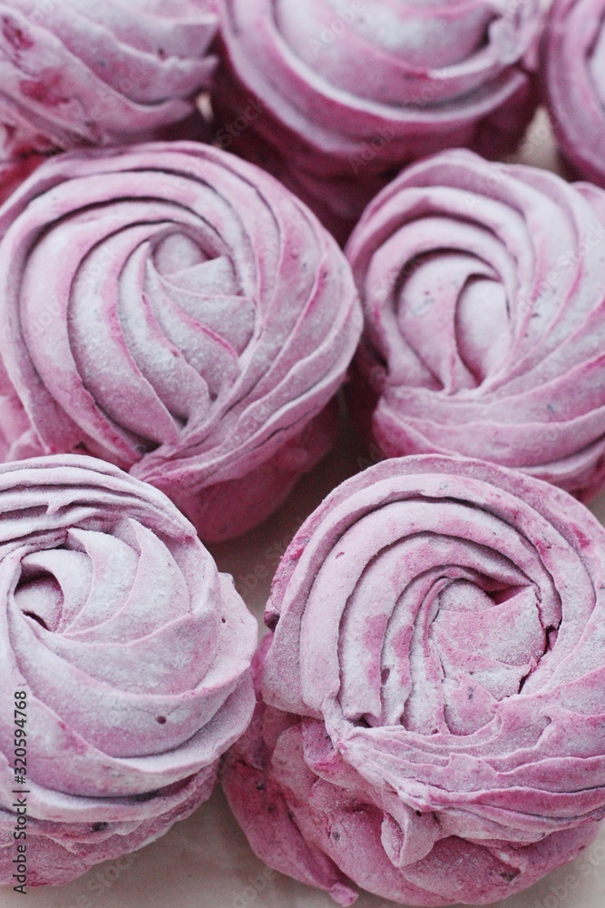 Fototapeta premium Delicious fresh blackcurrant marshmallows for Breakfast macro