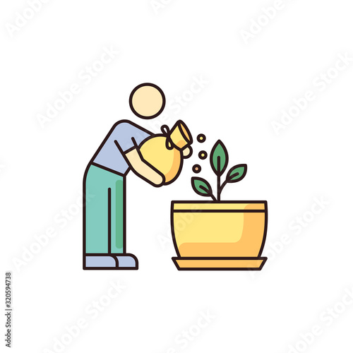 Fertilizing seedling RGB color icon. Feeding sapling. Houseplant care. Plant growing, planting process. Indoor gardening. Growth supplements, amendments. Isolated vector illustration