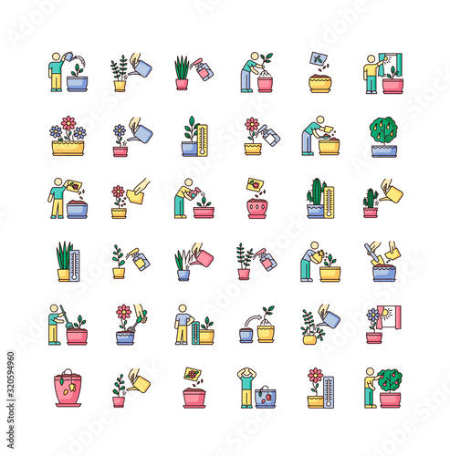 Houseplant care RGB color icons set. Indoor gardening stages. Domestic plant cultivation. Repotting, replanting. Planting seeds. Watering, soil fluffing. Isolated vector illustrations