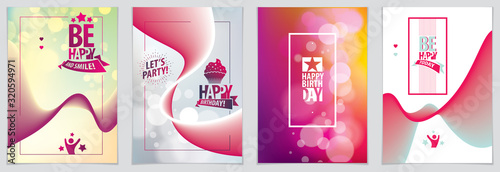 Birthday vector design for greeting card. Includes lettering composition and balloons combined with wavy fluid colorful shape abstract backgrounds collection. 