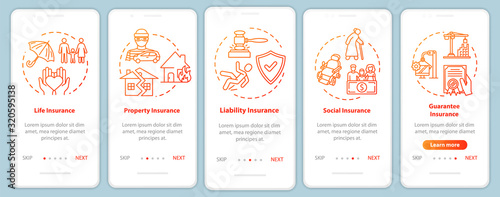 Umbrella insurance onboarding mobile app page screen with concepts. Insured property. Social guarantee walkthrough 5 steps graphic instructions. UI vector template with RGB color illustrations