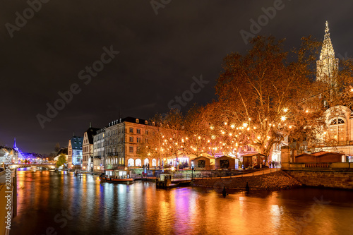 View of Strasbourg with Christmas Markets at night  Alsace region  France