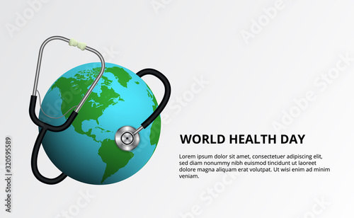 world health day. Stethoscope wrapped the globe illustration. Save the world