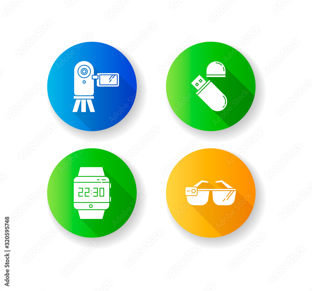 Mobile devices flat design long shadow glyph icons set. Pocket electronic gadgets. Flash drive, video camera. Smartwatch, smartglasses. Compact digital tools. Silhouette RGB color illustration