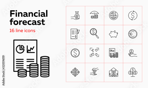 Financial forecast icons. Set of line icons. Analytics, profit, capital. Budget concept. Vector illustration can be used for topics like saving money, income, fund