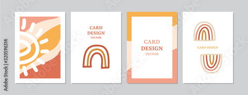Abstract cards set with hand drawn rainbows. Doodles and sketches vector retro illustrations, DIN A6