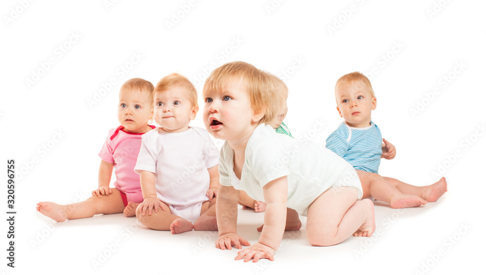 Group of cute babies crawling on floor. Isolated on white. Group of cute babies crawling on floor. Isolated on white.