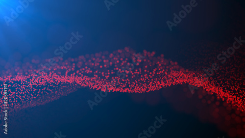 Abstract digital landscape with flowing red particles.