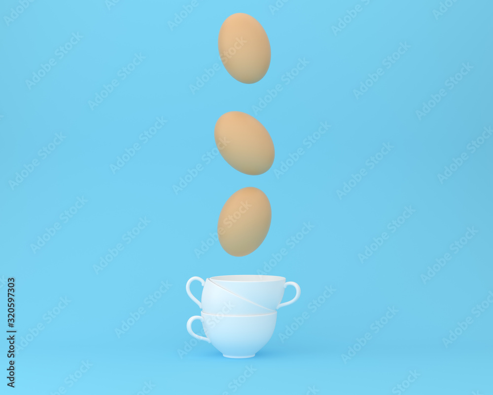 Creative idea egg floating with cup on pastel blue background. minimal idea food concept.