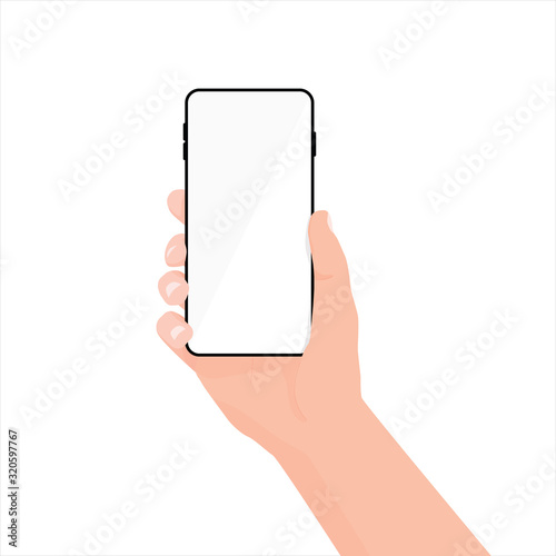 Smartphone mockup in human hand. Hand holding black smartphone and finger touch on blank white screen. Flat vector illustration.