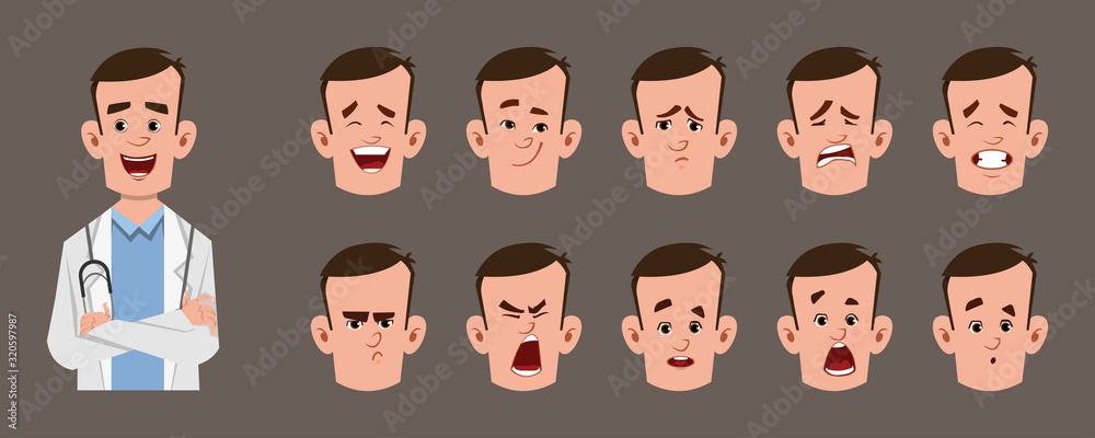 young doctor cartoon character with different facial expression set.  Different emotions for custom animation