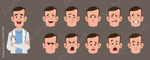 young doctor cartoon character with different facial expression set.  Different emotions for custom animation