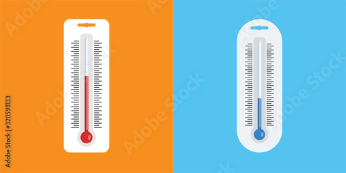 Meteorology thermometers measuring heat and cold. Blue and red thermometers. Hot and cold weather. Vector Illustration.