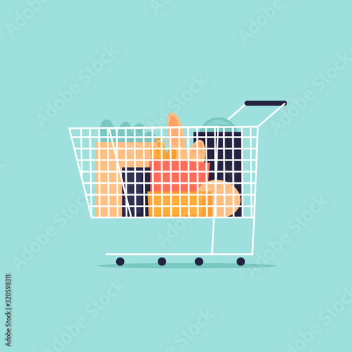 Shopping cart with products. Flat design vector illustration.	