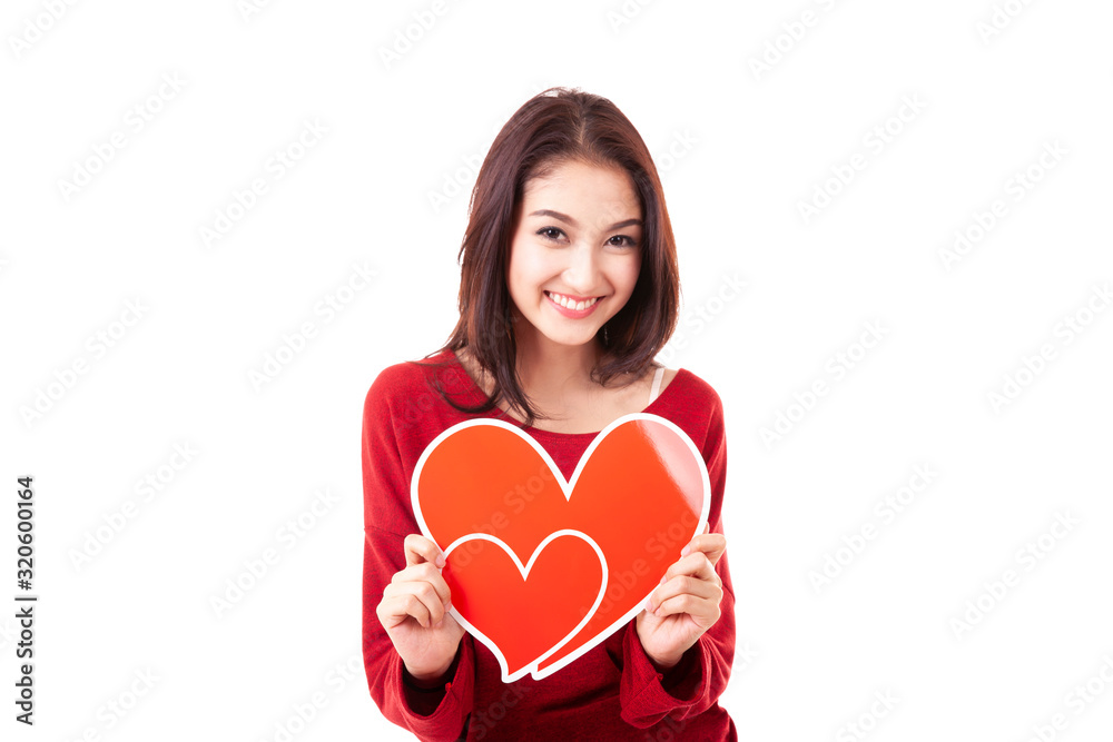 Smile asian woman holding heart on white background, love and valentine day concept Smile asian woman holding heart on white background, love and valentine day concept