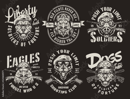 Monochrome animals and army vintage prints