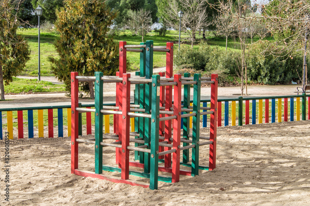 wooden climbing frame in a playground in a park in Madrid. Spain.