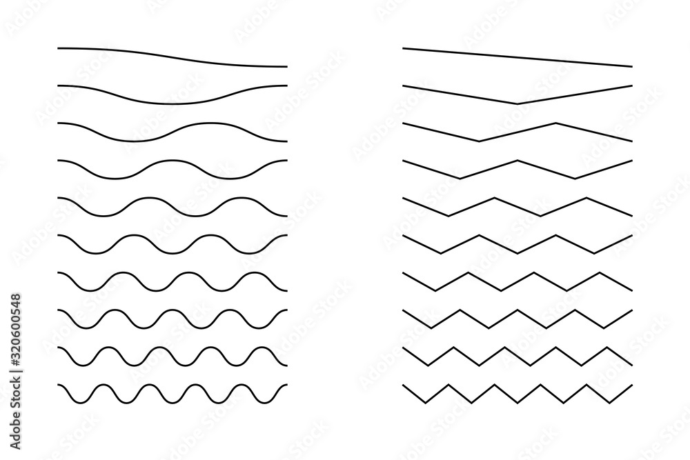 Wave line and wavy zigzag lines. Vector black underlines, smooth end squiggly horizontal curvy squiggles