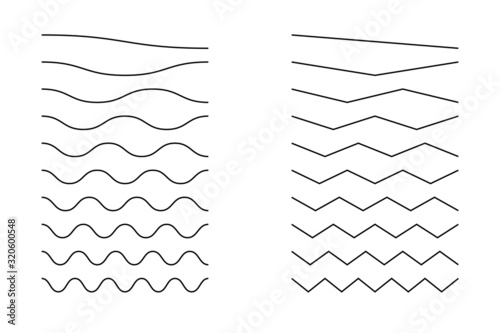 Wave line and wavy zigzag lines. Vector black underlines, smooth end squiggly horizontal curvy squiggles