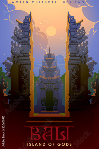 Split Gates also called Candi Bentar usual element of the Hindu temples on Bali. It symbolises two basic principles of the universe - good and evil. Vintage travel poster. EPS10 vector illustration photo