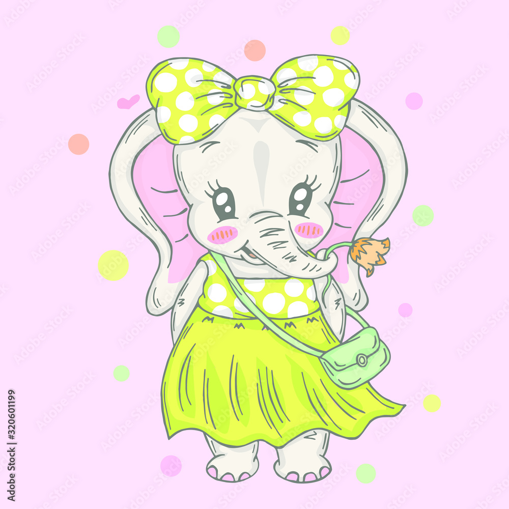 Illustration with cute little elephant girl in dress. Can be used for baby t-shirt print, fashion print design, kids wear, baby shower celebration greeting and invitation card.