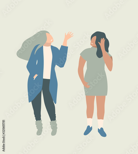 Women saying waving hello to each other, stylish dressed girlfriends meeting.
