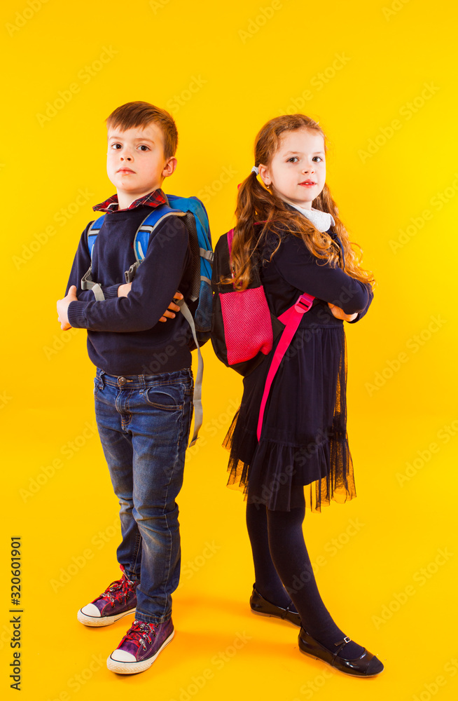 Happy kids, boy and girl, ready back to school Happy kids, boy and girl, ready back to school