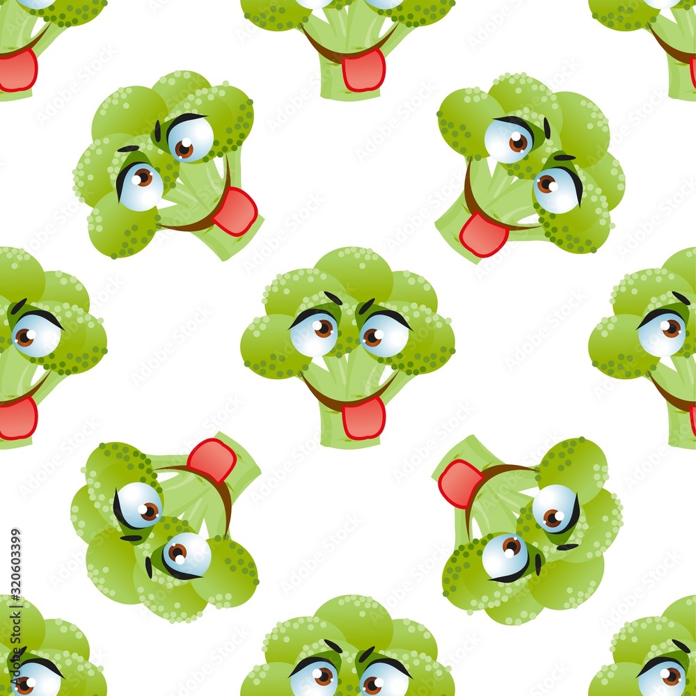Fototapeta premium Cute seamless pattern with cartoon emoji broccoli