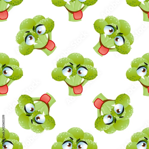 Cute seamless pattern with cartoon emoji broccoli
