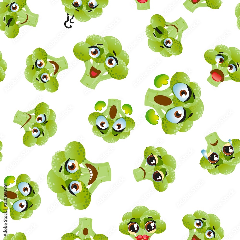 Obraz premium Cute seamless pattern with cartoon emoji broccoli
