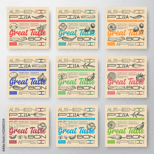 Premium Quality Pizza Labels Set. Abstract Vector Food Packaging Design or Cards. Modern Typography and Hand Drawn Pizza Ingredients Sketch Background Layouts Bundle. Soft Realistic Shadows.