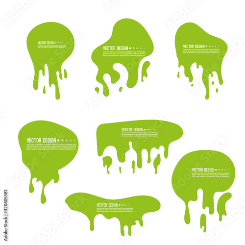 Vector goo dripping splodges of slime. Green dirt splat, drop and blob. Toxic liquid frames set.