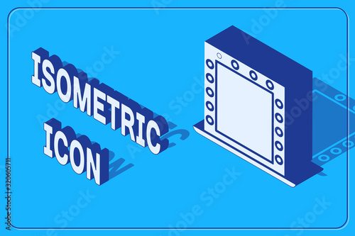 Isometric Makeup mirror with lights icon isolated on blue background. Vector Illustration